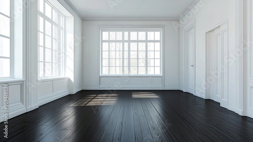 Empty Room with White Walls, Dark Wood Floor, and Windows