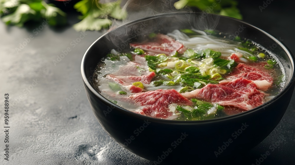 Steaming bowl of fragrant and savory Vietnamese pho noodle soup filled with thinly sliced beef fresh herbs and a rich aromatic broth  A comforting and healthy meal perfect for any occasion