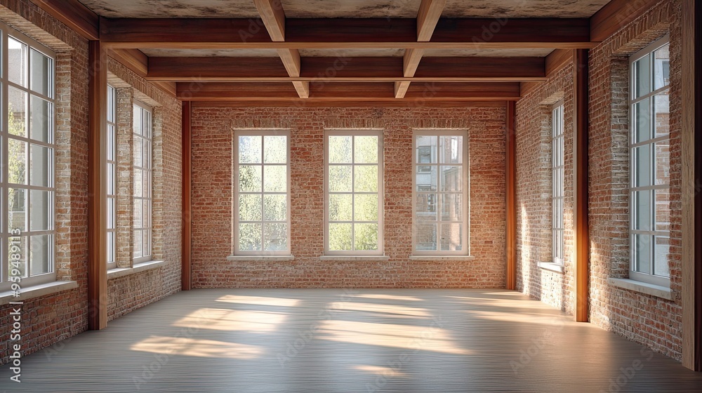 Obraz premium Empty Room with Brick Walls and Large Windows