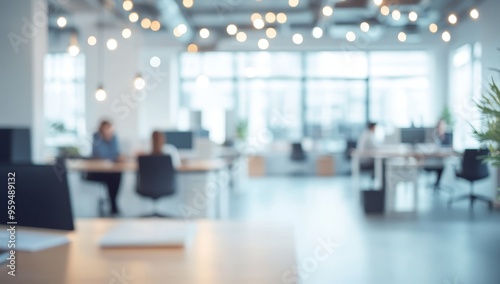 Blurred background of a modern office with people working at desks.