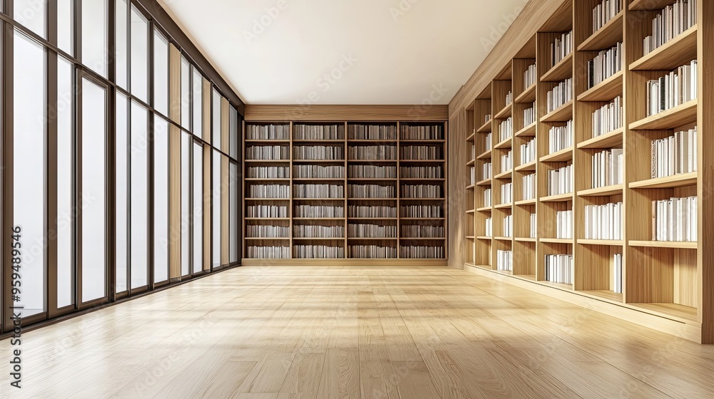 Empty Room with Floor-to-Ceiling Bookshelves and Large Window Empty Room with Floor-to-Ceiling Bookshelves and Large Window
