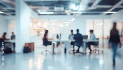 Blurred image of people working in a modern office.