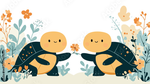 Cute illustration of two turtles exchanging a flower in a garden filled with orange and green flowers, creating a charming and playful nature scene
