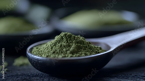 Closeup photograph of a delicate Japanese tea scoop chashaku holding a portion of fine vibrant green matcha powder highlighting the simplicity and elegance of the traditional tea ritual photo