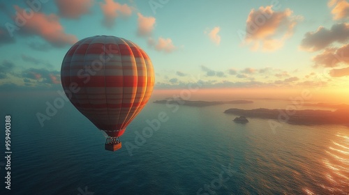 A serene hot air balloon floating over a tranquil ocean at sunset.