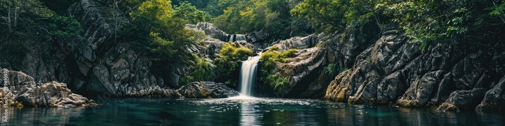 Fototapeta premium Tranquil waterfall cascading into an untouched woodland pool surrounded by lush greenery and rugged stones
