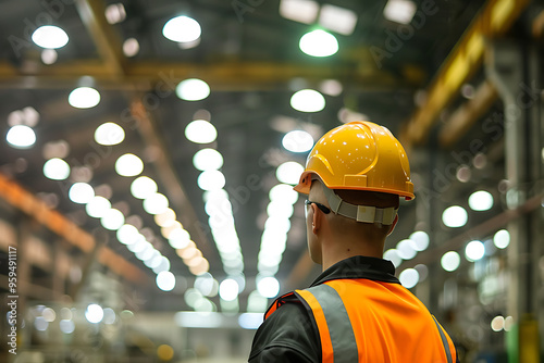 Industrial Worker in Hard Hat Dealing with Glare from Unpolished Overhead Lights in Factory Setting