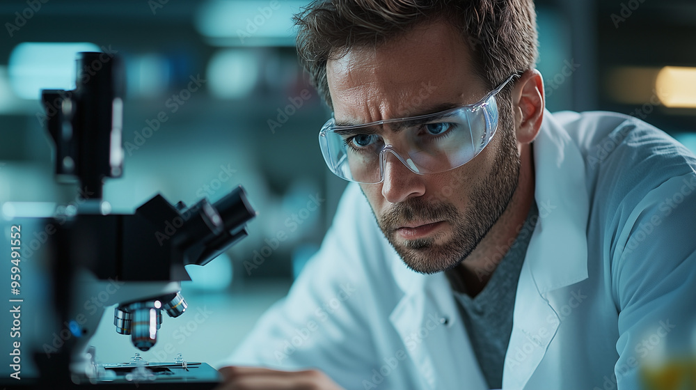 A medical researcher examining virus samples under a microscope A medical researcher examining virus samples under a microscope