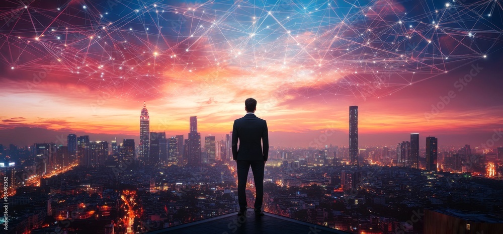 Businessman standing on a rooftop looking at a city skyline with a network of lines connecting buildings in the sky. Businessman standing on a rooftop looking at a city skyline with a network of lines connecting buildings in the sky.