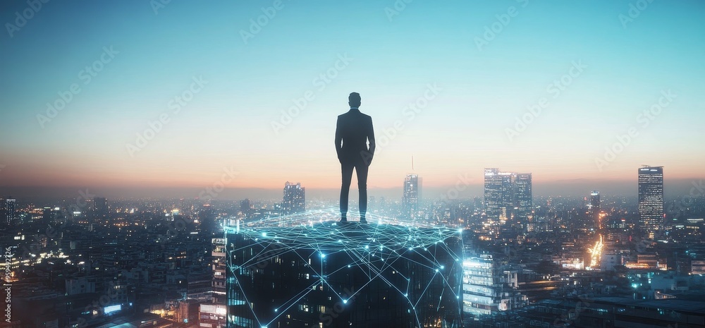 Silhouette of businessman standing on top of a skyscraper with a network of glowing lines connecting the city skyline. Silhouette of businessman standing on top of a skyscraper with a network of glowing lines connecting the city skyline.