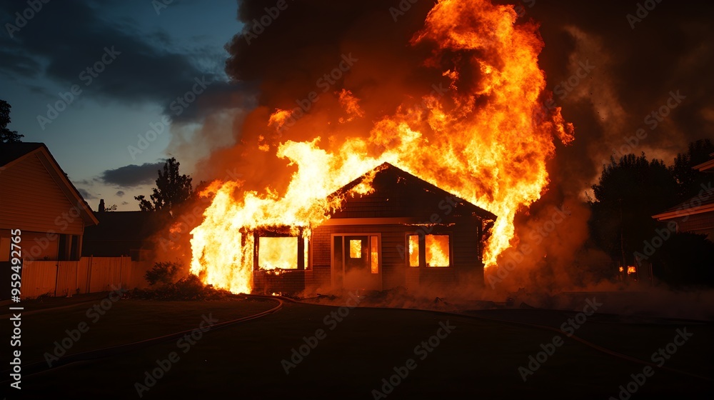 Nighttime house fire in a densely populated area, glowing embers, smoke filling the sky, neighbors in fear, vivid colors, high detail, insurance investigation imagery Nighttime house fire in a densely populated area, glowing embers, smoke filling the sky, neighbors in fear, vivid colors, high detail, insurance investigation imagery