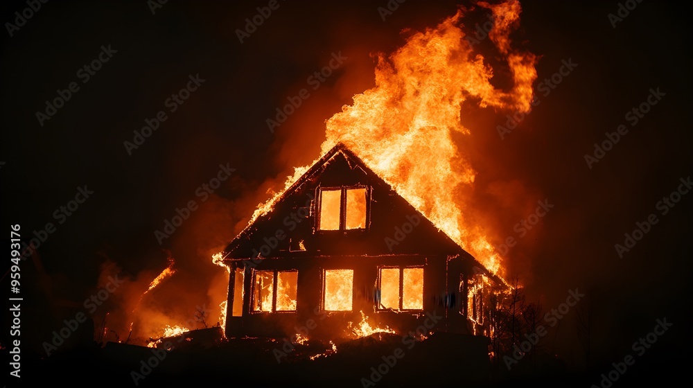Nighttime inferno, a house ablaze with fierce flames bursting from windows and roof, illuminating the dark sky, focused on fire damage for insurance evaluation, detailed Nighttime inferno, a house ablaze with fierce flames bursting from windows and roof, illuminating the dark sky, focused on fire damage for insurance evaluation, detailed