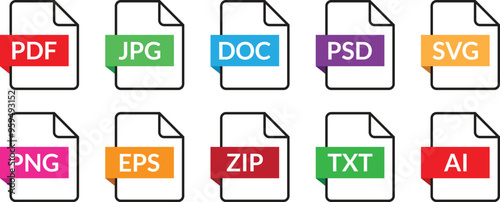 file format colored symbols, web format information, file format extensions icon set vector illustration.