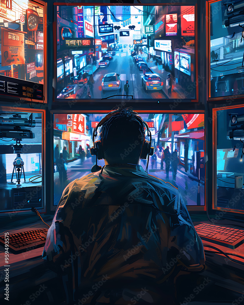 Diligent Security Guard Monitoring CCTV Screens With Weariness Yet Vigilance