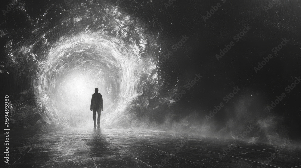 A lone figure walks towards a swirling, glowing portal in a dark, misty landscape. A lone figure walks towards a swirling, glowing portal in a dark, misty landscape.