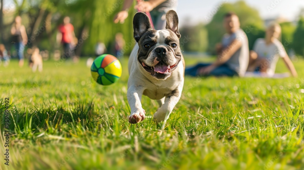Imagine a bustling city park where a French Bulldog is playing fetch with its owner. The dog sprints across the grassy field, chasing after a brightly colored ball. Imagine a bustling city park where a French Bulldog is playing fetch with its owner. The dog sprints across the grassy field, chasing after a brightly colored ball.