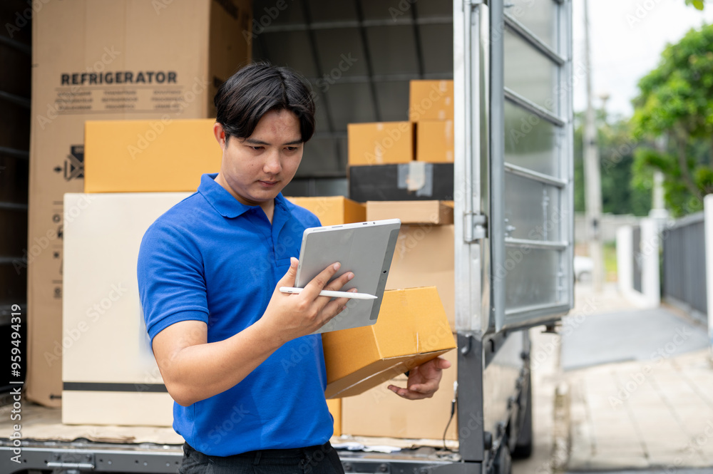 An Asian delivery guy checking the address on his tablet while carrying a package for delivery.
