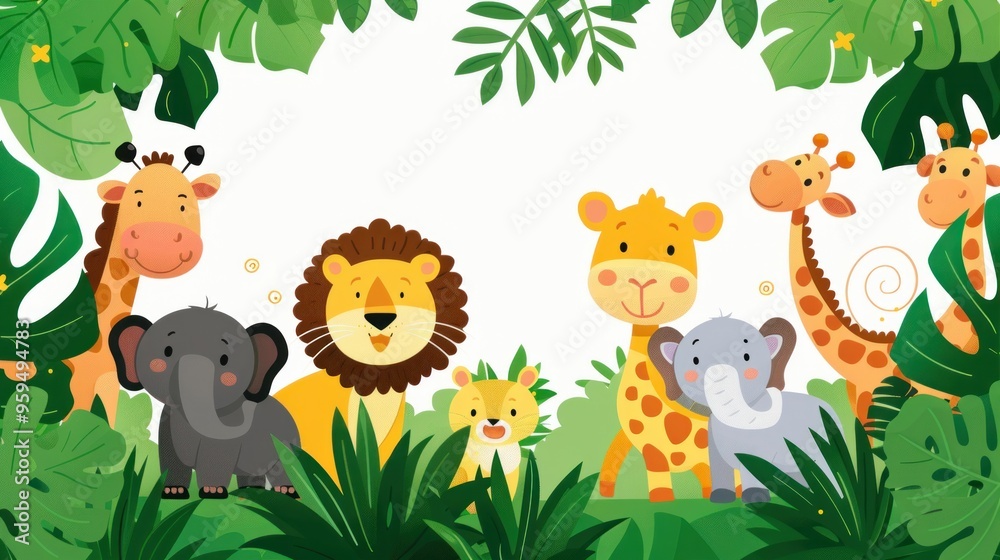 Naklejka premium Adorable jungle animal friends in the rainforest.