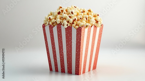 A vibrant, striped popcorn box overflowing with fresh, fluffy popcorn. Perfect for movie nights and snack time.