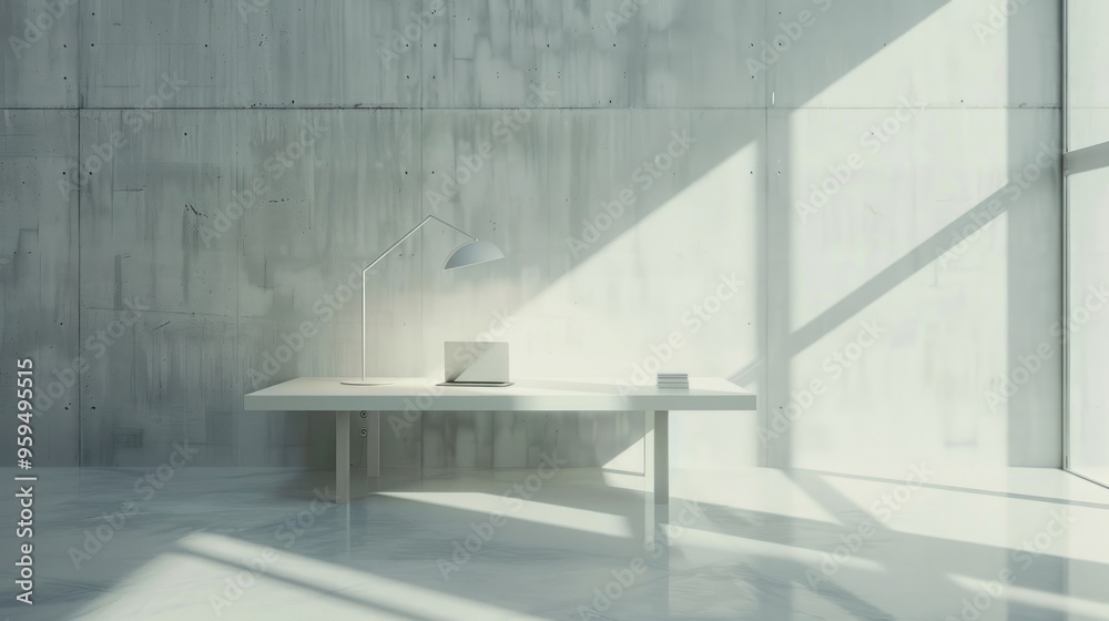 Minimalist White Desk with Laptop and Lamp in Concrete Room. Minimalist White Desk with Laptop and Lamp in Concrete Room.