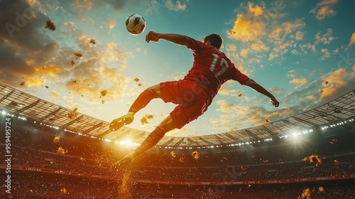 A professional soccer player performing a bicycle kick in mid-air, sunset in the background photo