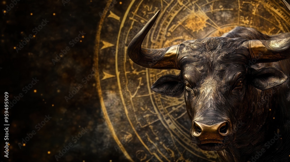 Mystical Astrological Bull Head Zodiac Sign on Antique Celestial Cosmos Background Mystical Astrological Bull Head Zodiac Sign on Antique Celestial Cosmos Background