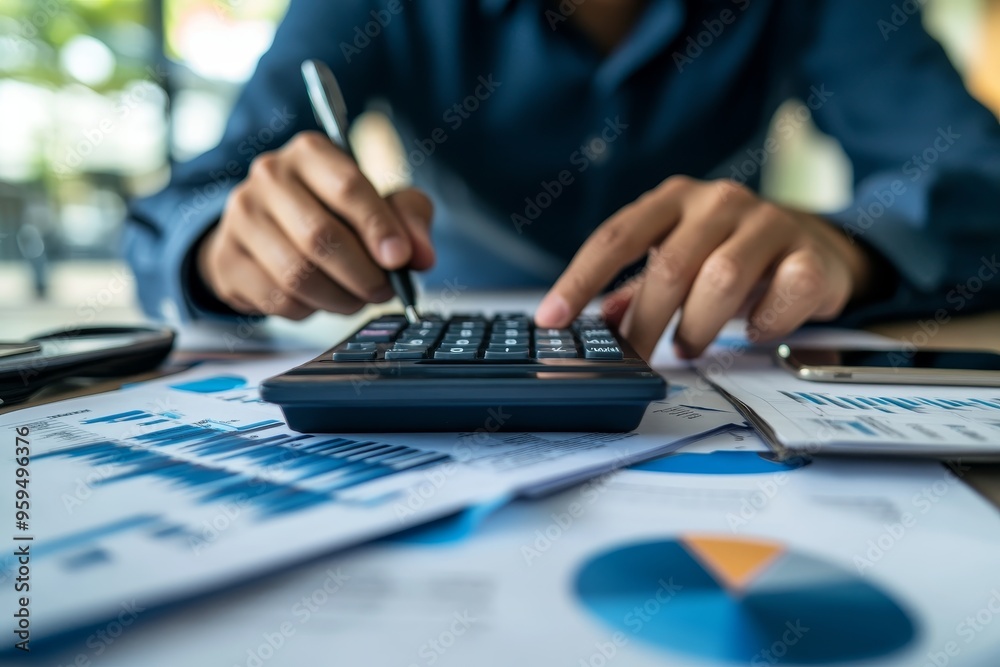 Close-up of a person's hand using a calculator while looking at financial reports. Close-up of a person's hand using a calculator while looking at financial reports.