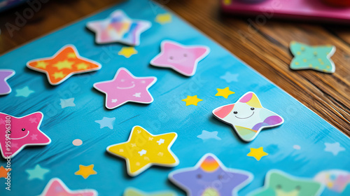 close up colorful star stickers on blue board on wooden table.