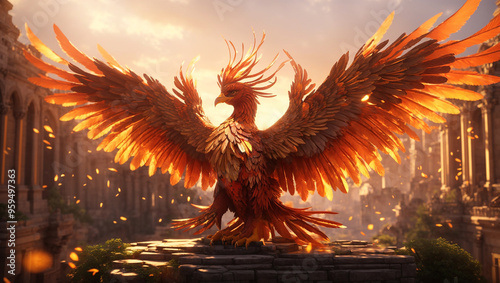 golden phoenix with large wings, standing on a platform in a city.