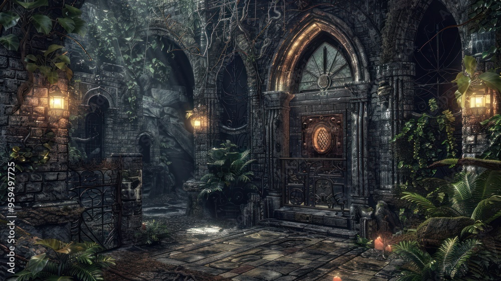 Mysterious overgrown stone entrance to a forgotten building. Mysterious overgrown stone entrance to a forgotten building.