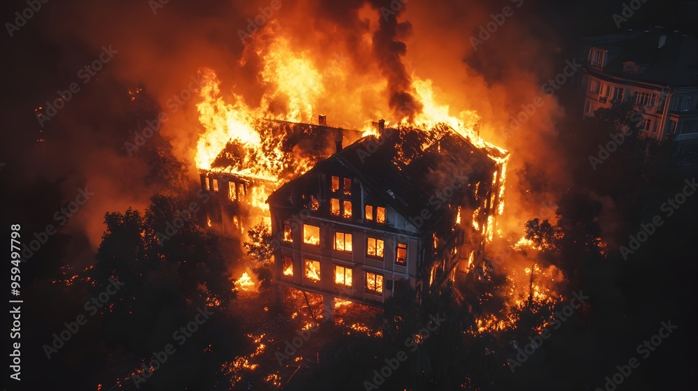 Nighttime drone shot of firefighters encircling a burning house, capturing the glow of the fire and their synchronized battle against the flames, urgent scene Nighttime drone shot of firefighters encircling a burning house, capturing the glow of the fire and their synchronized battle against the flames, urgent scene