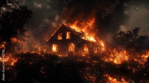 Nighttime blaze consuming a house, partial roof collapse, embers and debris in the air, dark sky, photorealistic, high contrast, insurance-focused composition, detailed flames, dramatic lighting