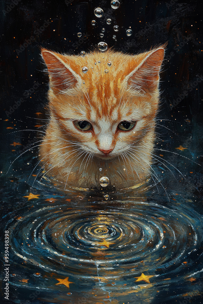 A ginger kitten gazes intently at water droplets falling into a pool of stars. A ginger kitten gazes intently at water droplets falling into a pool of stars.