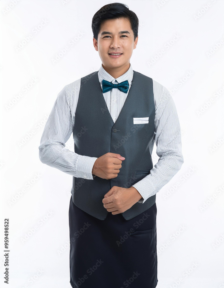 A model wearing a company employee's uniform. A model wearing a company employee's uniform.