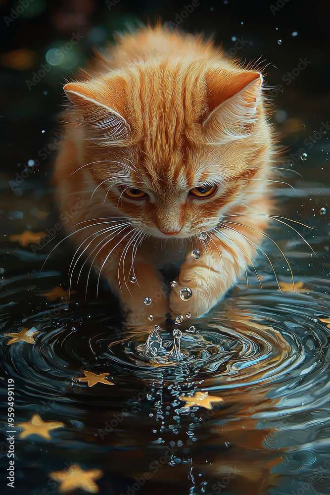A curious ginger kitten stares intently at a water droplet, mesmerized by its reflection in a puddle. A curious ginger kitten stares intently at a water droplet, mesmerized by its reflection in a puddle.