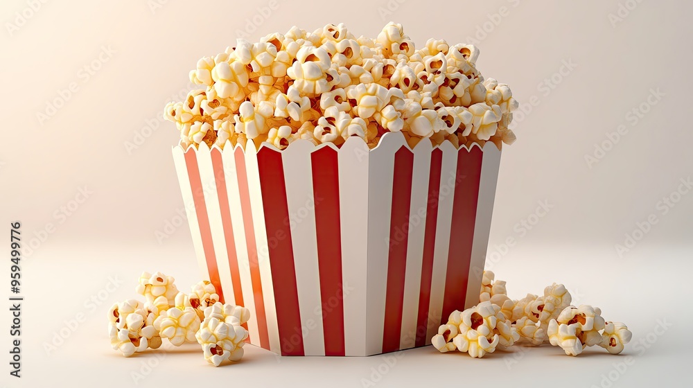 Freshly popped popcorn in a classic red and white striped container, perfect for movie nights and snack time. Freshly popped popcorn in a classic red and white striped container, perfect for movie nights and snack time.