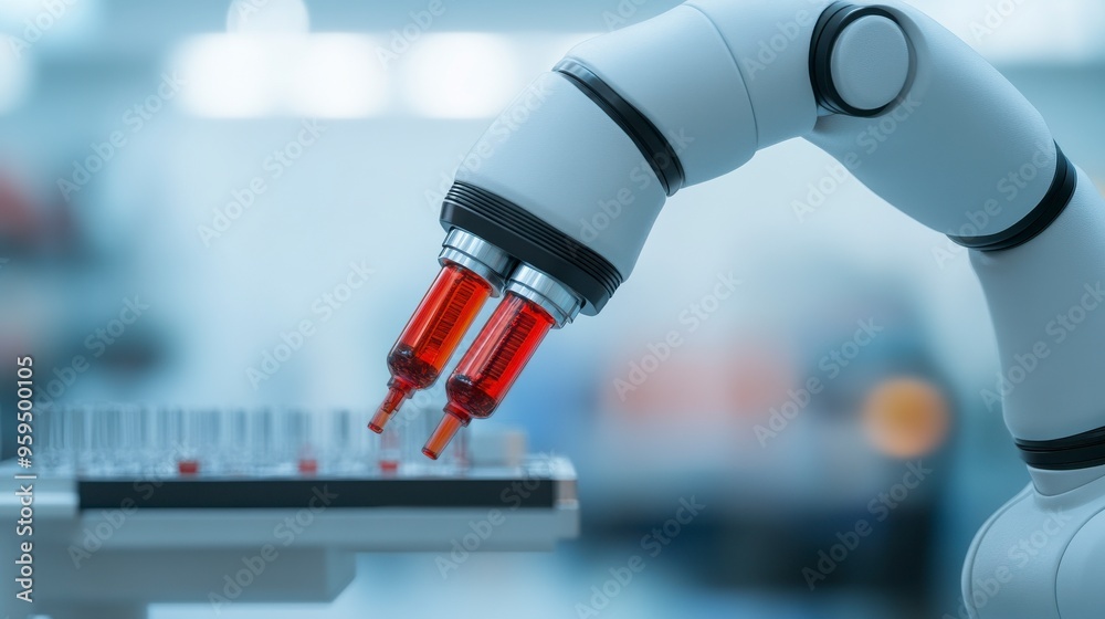 High-tech robotic arm performing precise laboratory tasks with efficiency and accuracy in a modern research environment. High-tech robotic arm performing precise laboratory tasks with efficiency and accuracy in a modern research environment.