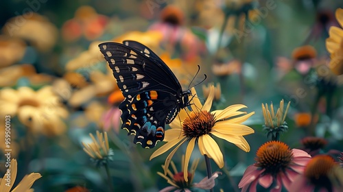 Close-up of a butterfly feeding on vibrant flowers in a park, with detailed textures of the butterflya??s wings and the flower petals, captured in high-definition photo