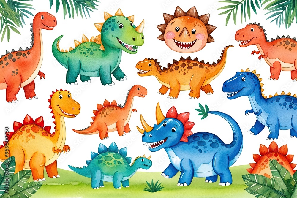 Fototapeta premium Sweet Watercolor Illustrations of Joyful Prehistoric Dinosaurs for Children
