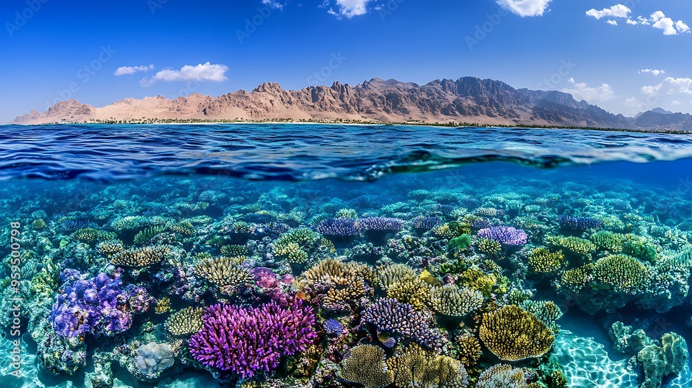 Naklejka premium Serene Beauty of Ras Mohammed National Park: Vibrant Underwater Coral Reef and Diverse Marine Life in Crystal-Clear Waters