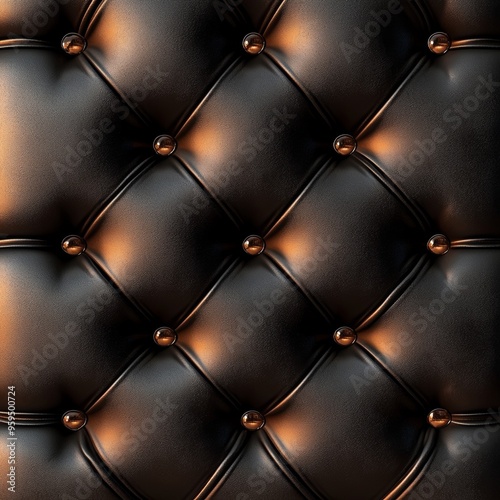 Close-up of black leather upholstery with diamond-shaped tufting and golden buttons. photo