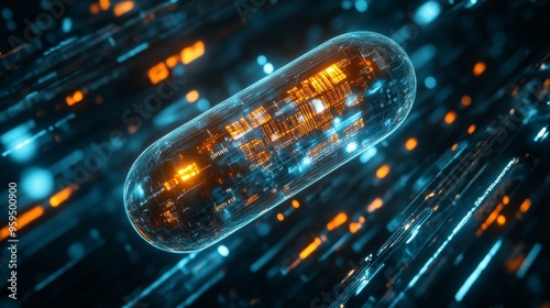 A futuristic capsule glows with vibrant orange and blue lights, surrounded by dynamic streaks, symbolizing advanced technology.