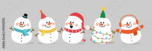 Merry Christmas and happy new year with cute snowman in winter costume. Holiday cartoon and character. -Vector photo