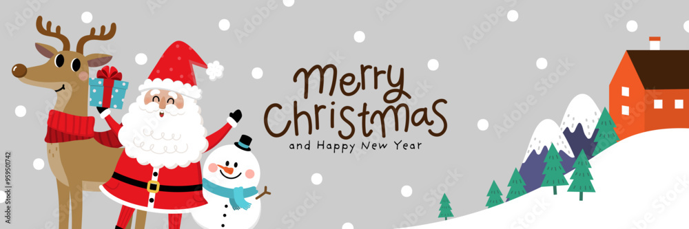 Merry Christmas and happy new year with Santa Claus, deer and dog. Holiday cartoon character in winter season. -Vector Merry Christmas and happy new year with Santa Claus, deer and dog. Holiday cartoon character in winter season. -Vector