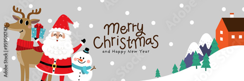 Merry Christmas and happy new year with Santa Claus, deer and dog. Holiday cartoon character in winter season. -Vector