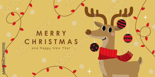Cute deer, reindeer in red winter costume with xmas ornament ball and bulb light. Merry Christmas and happy new year greeting card.  Animal holidays cartoon character set.