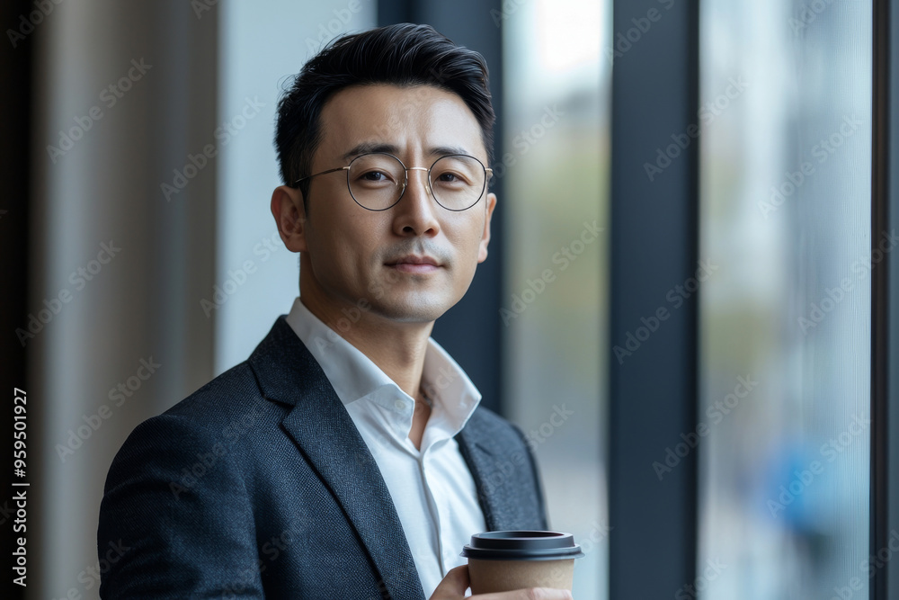 Fototapeta premium A young Asian man in a suit and glasses holding a cup of coffee.