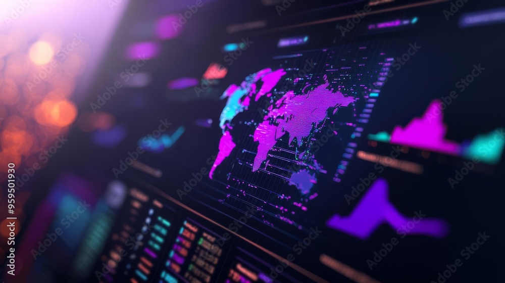 3D visualization of a global e-commerce dashboard with multiple data points 3D visualization of a global e-commerce dashboard with multiple data points