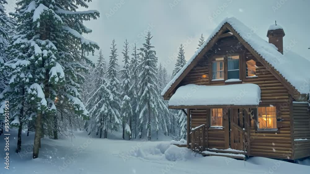 Winter Forest Cabin Amidst Falling Snow in a Serene Landscape Winter Forest Cabin Amidst Falling Snow in a Serene Landscape