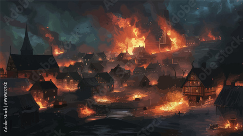 Burning Village at Night